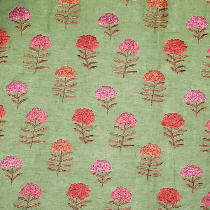 Nayla Buta on Sea Green Silk Linen Embroidered Fabric