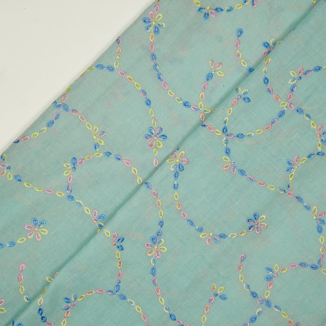 Ayla Jaal on Sky Blue Cotton Linen Embroidered Fabric