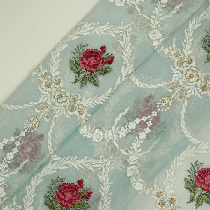 Roseen Jaal on Sky Blue Cotton Silk Embroidered Fabric