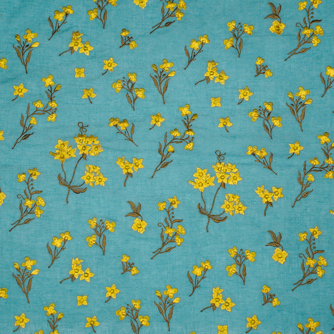 Safiya Buta on Sky/Blue Cotton Linen Embroidered Fabric