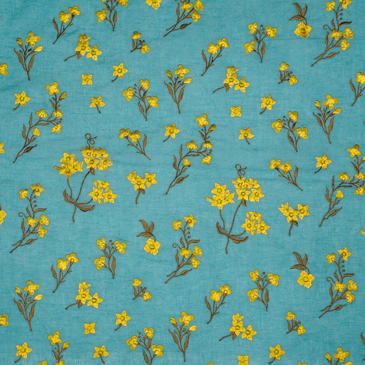 Safiya Buta on Sky/Blue Cotton Linen Embroidered Fabric