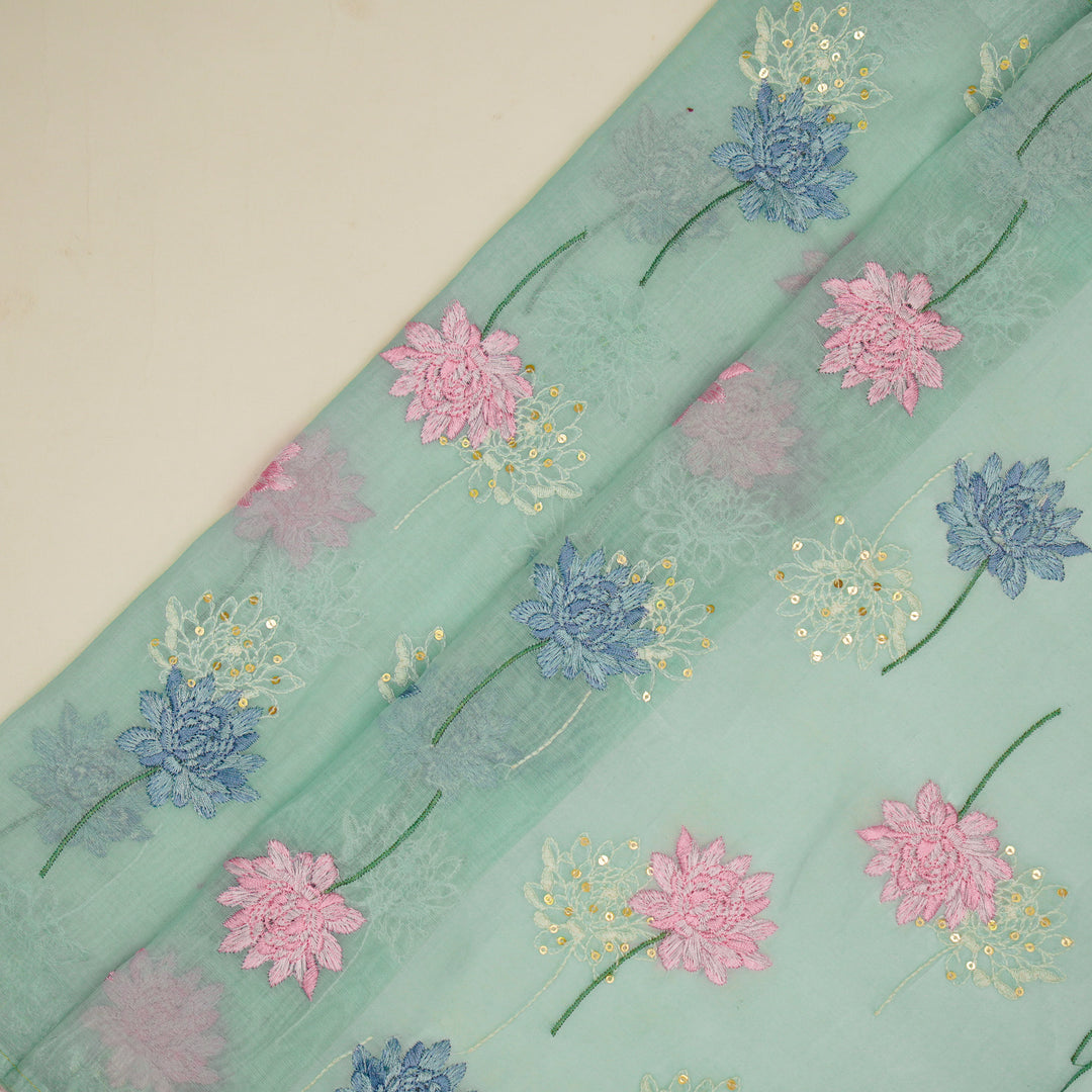 Nahla Buta on Sky Blue Cotton Silk Embroidered Fabric