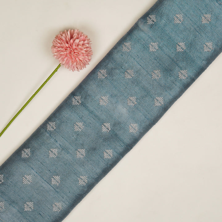 Naqsh Buti on Steel Blue Raw Silk Embroidered Fabric