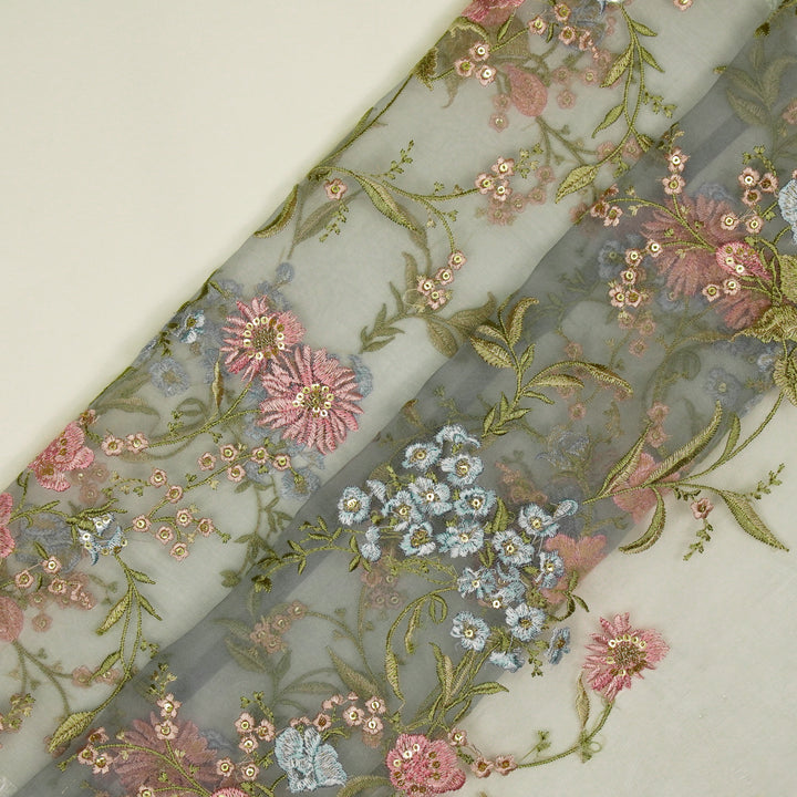 Riyad Jaal on Steel Grey Silk Organza Embroidered Fabric