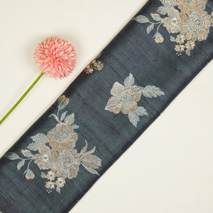Taru Buta on Steel Grey Raw Silk Embroidered Fabric