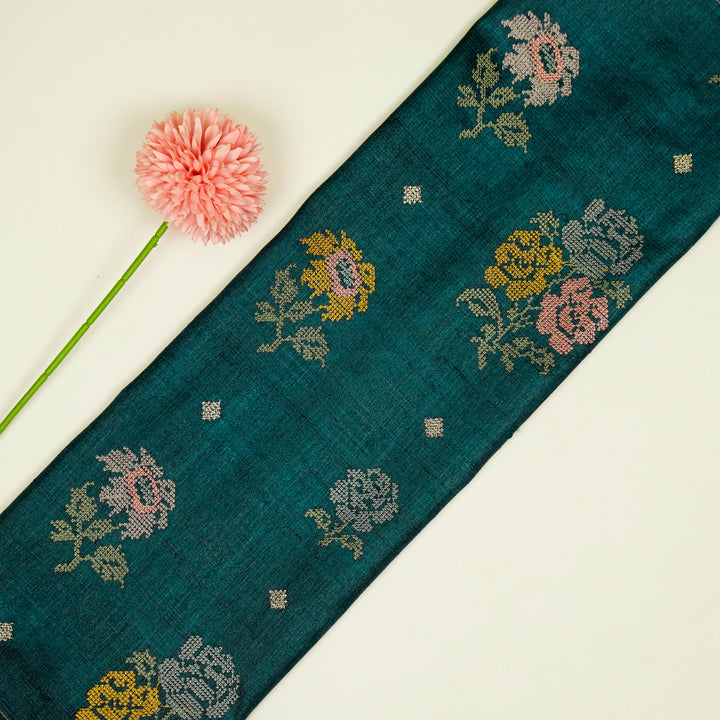 Noorain Buta On Teal Blue Tussar Silk Embroidered Fabric