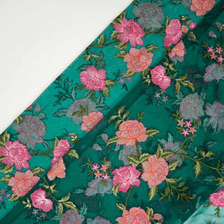 Suman Jaal on Teal Blue Silk Organza Embroidered Fabric