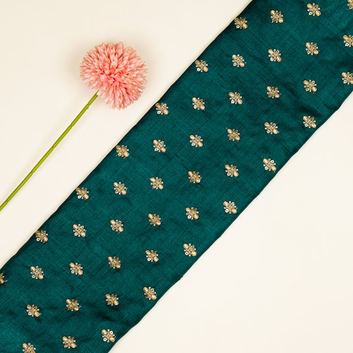 Bindra Buti On Teal Blue Tussar Silk Embroidered Fabric