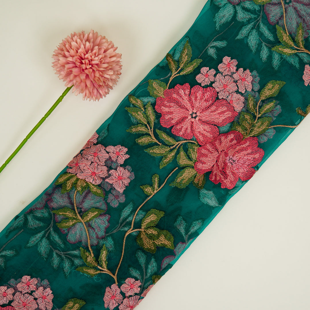 Afsoon Floral Jaal on Teal Blue Silk Organza Embroidered Fabric
