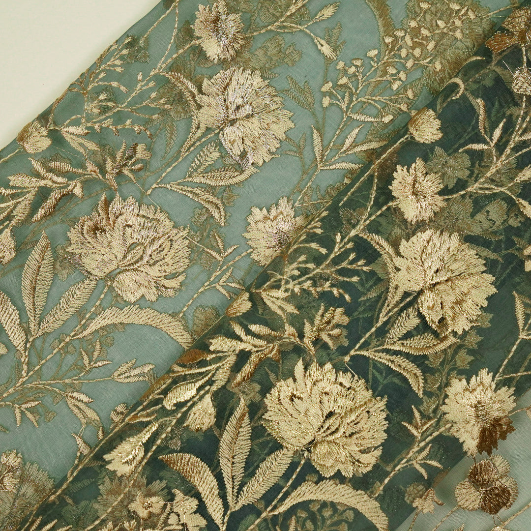 Svarna Jaal on Teal Blue Silk Organza Embroidered Fabric