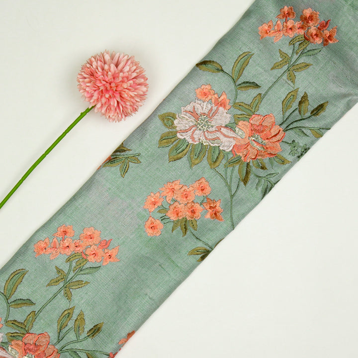 Sharvani Jaal On Light Teal Tussar Silk Embroidered Fabric