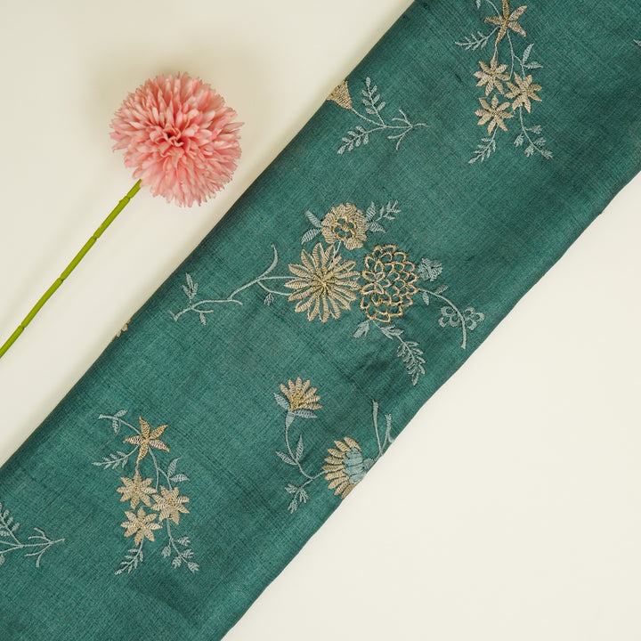 Mahzar Jaal On Teal Tussar Silk Embroidered Fabric
