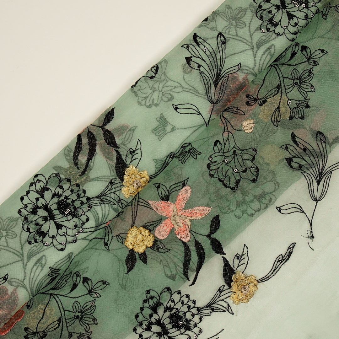 Layla Jaal on Teal Silk Organza Embroidered Fabric