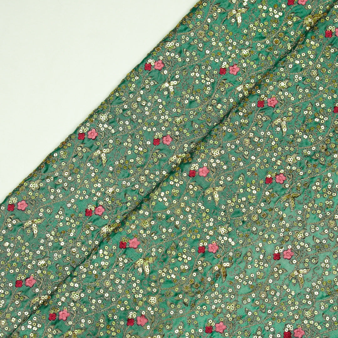 Mehraj Jaal on Teal Silk Chanderi Embroidered Fabric