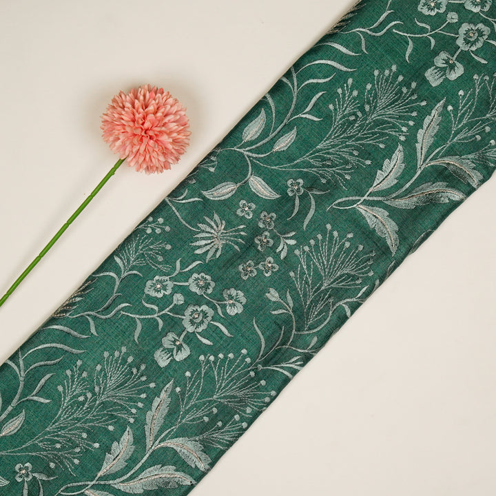Tarali Jaal On Teal Tussar Silk Embroidered Fabric