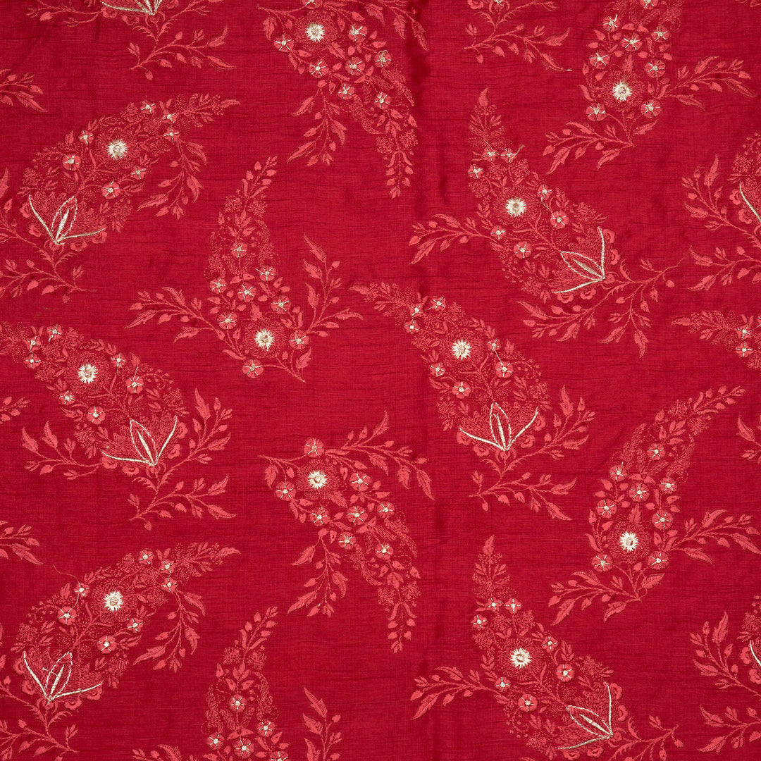 Zohra Buta on Tomato Semi Raw Silk Embroidered Fabric