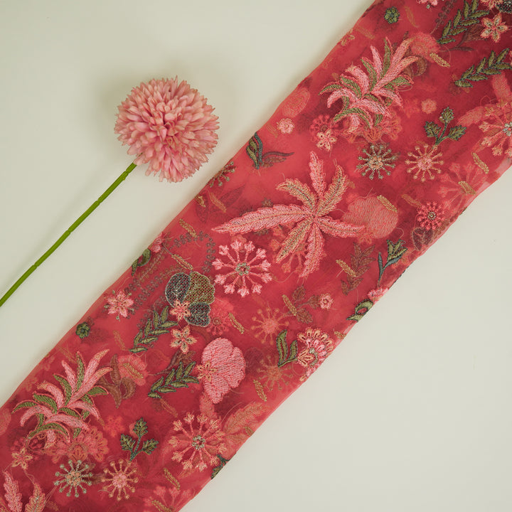 Saman Jaal on Tomato Silk Organza Embroidered Fabric