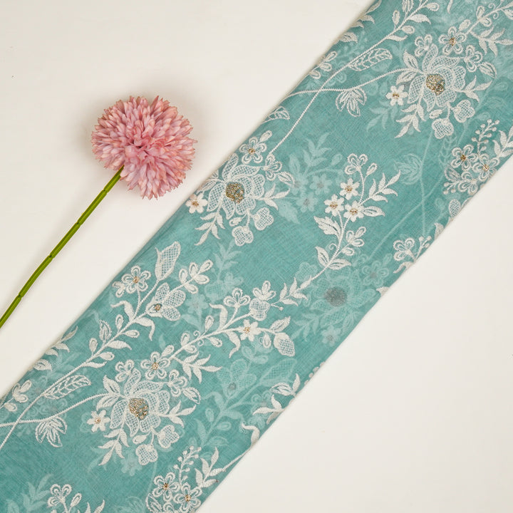Shubhra Jaal on Turquoise Cotton Silk Embroidered Fabric
