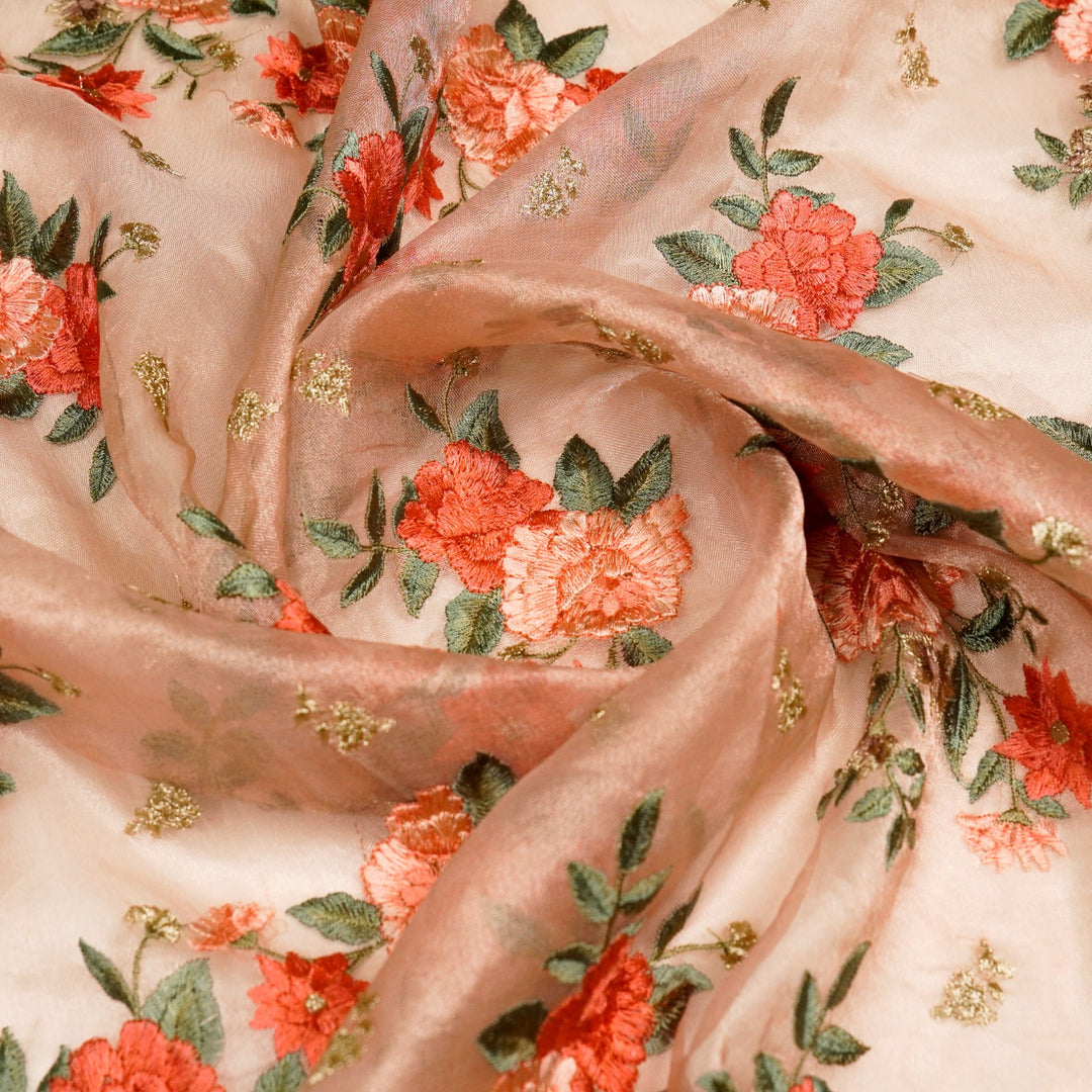 Anisa Floral Butas on Sea Green Pure Silk Tissue Embroidered Fabric