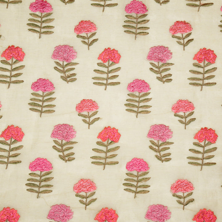 Nayla Buta on Cream Silk Linen Embroidered Fabric