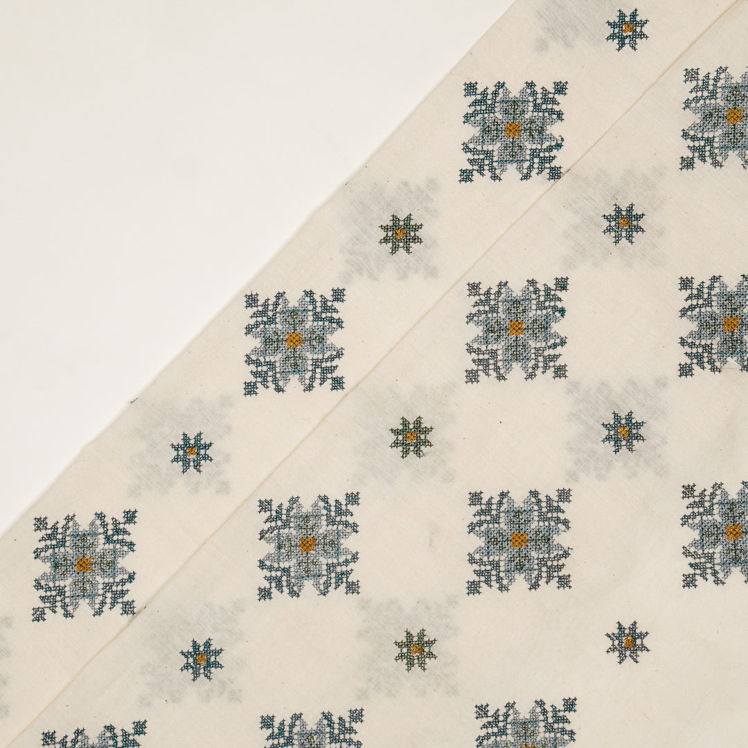 Nilaya Buta Buti Mixture on Cream Cotton Linen Embroidered Fabric