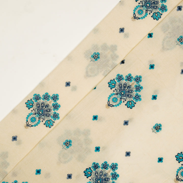 Rituja Buta Buti Mixture on Cream/Blue Malmal Embroidered Fabric