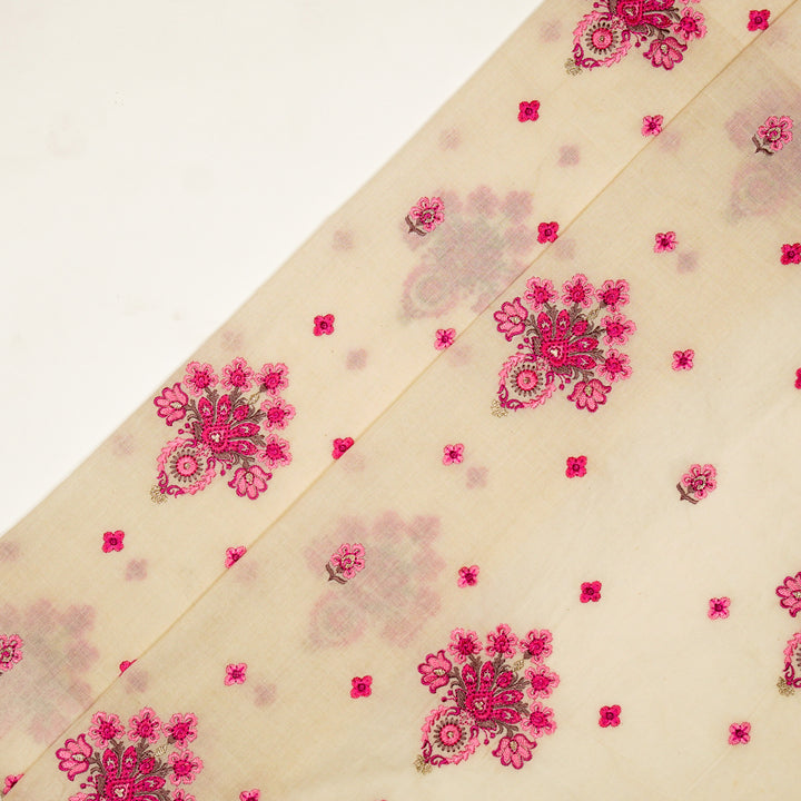 Rituja Buta Buti Mixture on Cream/Fuxia Malmal Embroidered Fabric
