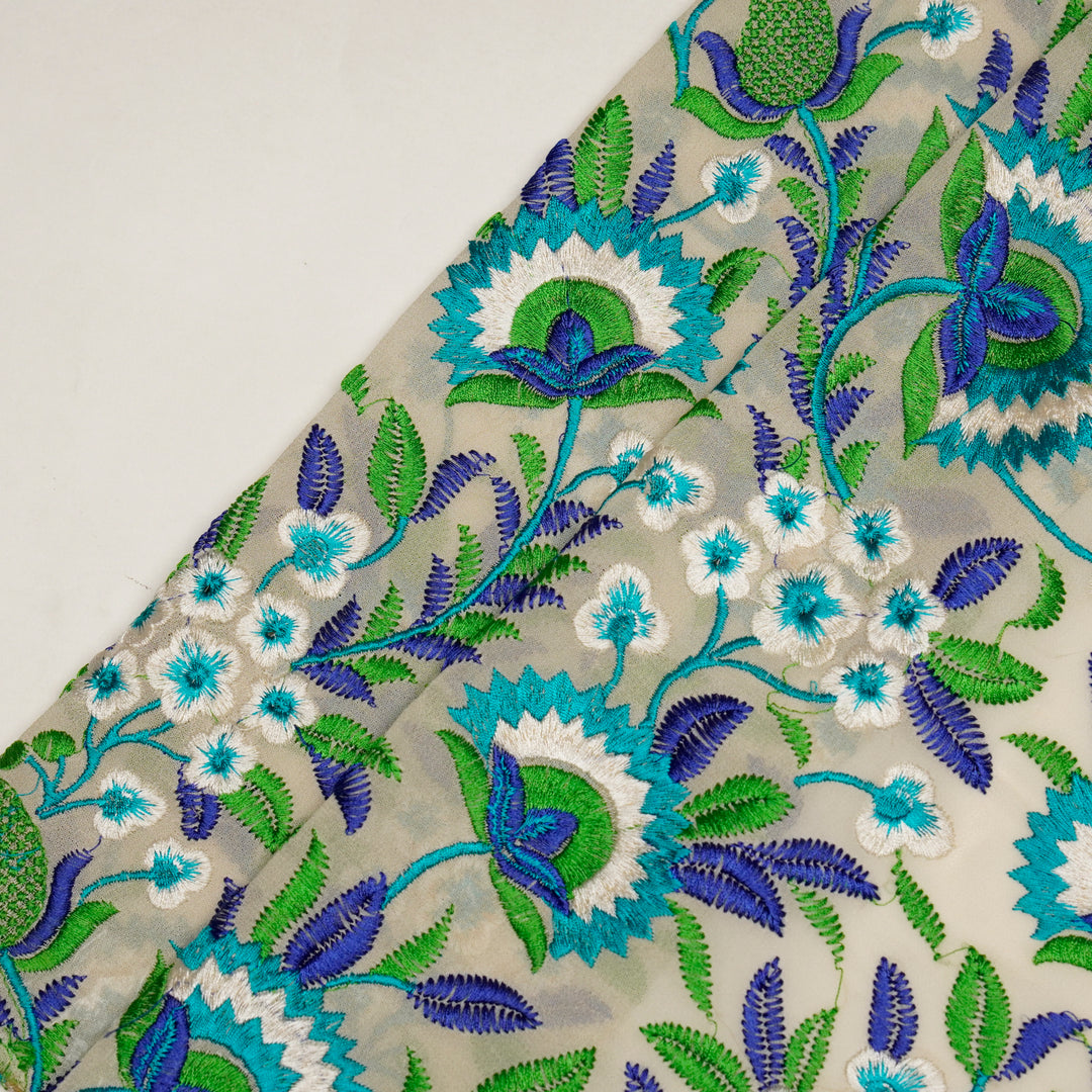 Afsana Jaal on Cream/Turquoise Silk Chanderi Embroidered Fabric