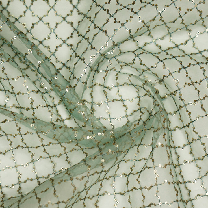 Gehena Sequins Jaal on Sea Green Imported Silk Organza Embroidered Fabric