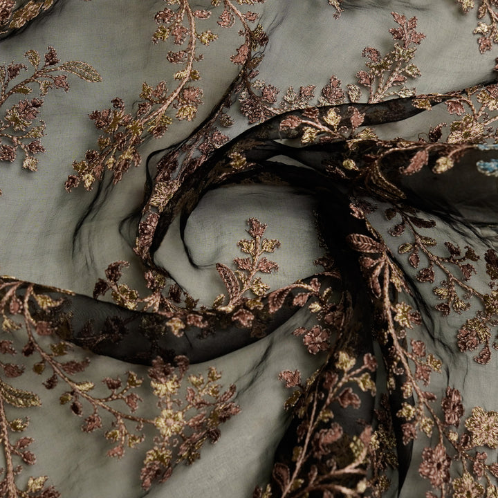 Aatrayi Jaal on Black Silk Organza Embroidered Fabric