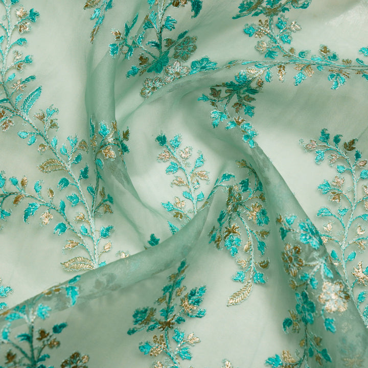 Aatrayi Jaal on Sea Green Silk Organza Embroidered Fabric
