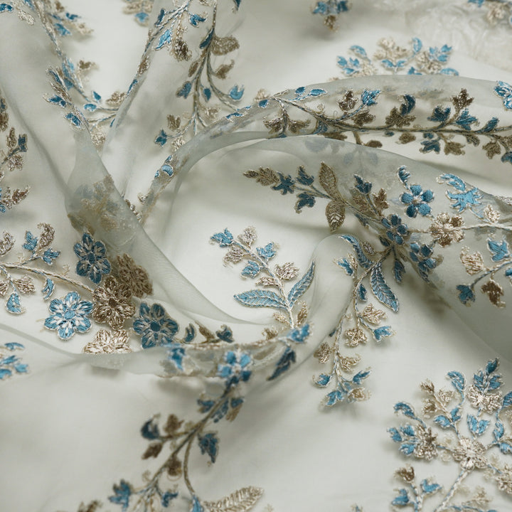 Aatrayi Jaal on Ice Blue Silk Organza Embroidered Fabric