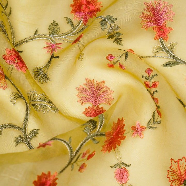 Riha Jaal on Lemon Imported Silk Organza Embroidered Fabric