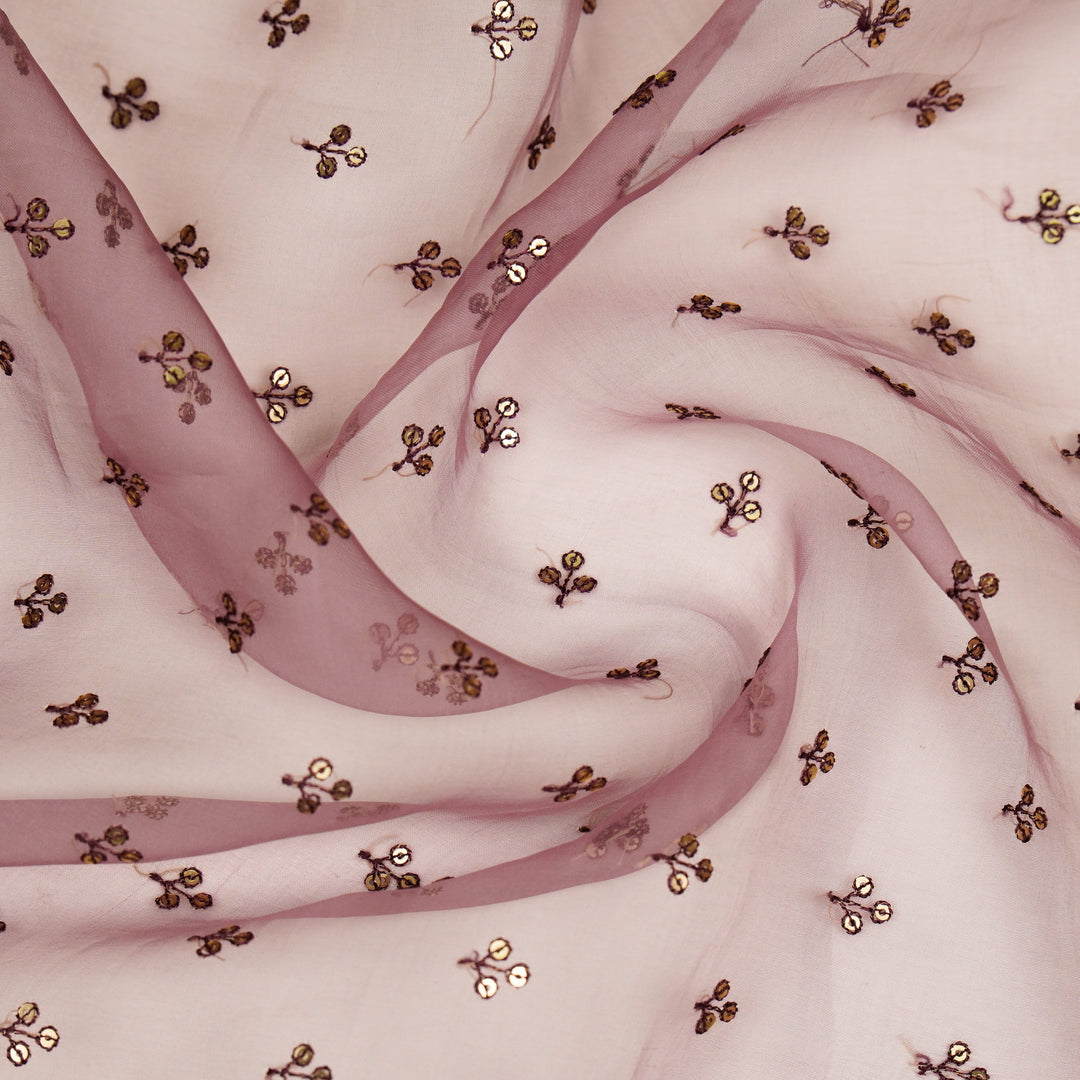 Sunheri Buti on Purple Imported Silk Organza Embroidered Fabric