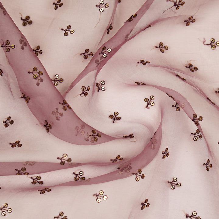 Sunheri Buti on Purple Imported Silk Organza Embroidered Fabric