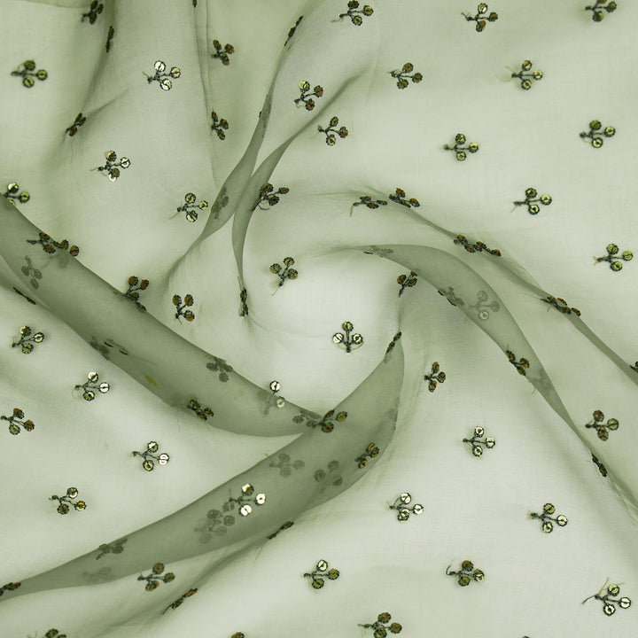 Sunheri Buti on Moss Green Imported Silk Organza Embroidered Fabric