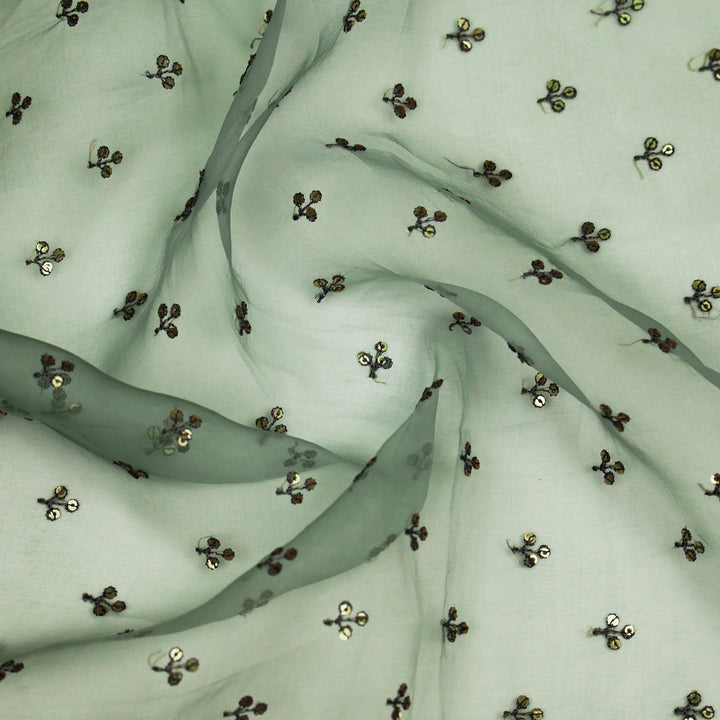 Sunheri Buti on Aqua Grey Imported Silk Organza Embroidered Fabric