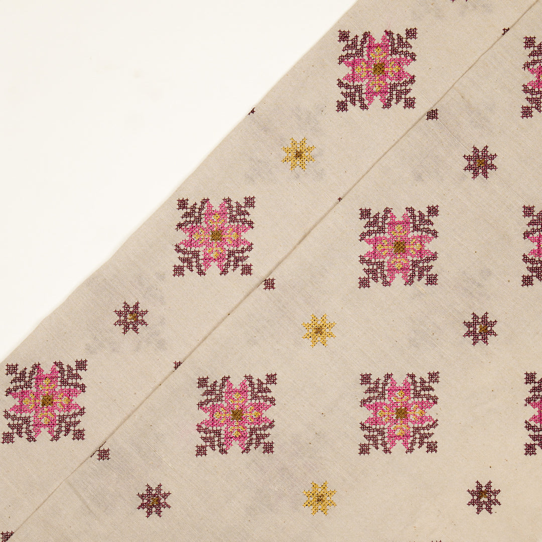 Nilaya Buta Buti Mixture on Ecru Cotton Linen Embroidered Fabric