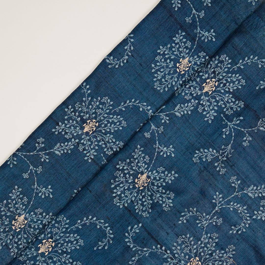 Mihir Jaal On Prussian Blue Tussar Silk Embroidered Fabric