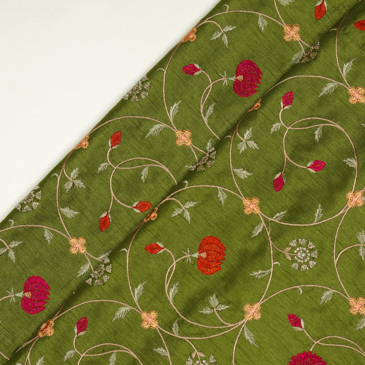 Nargis Jaal on Leaf Green Semi Raw Silk Embroidered Fabric