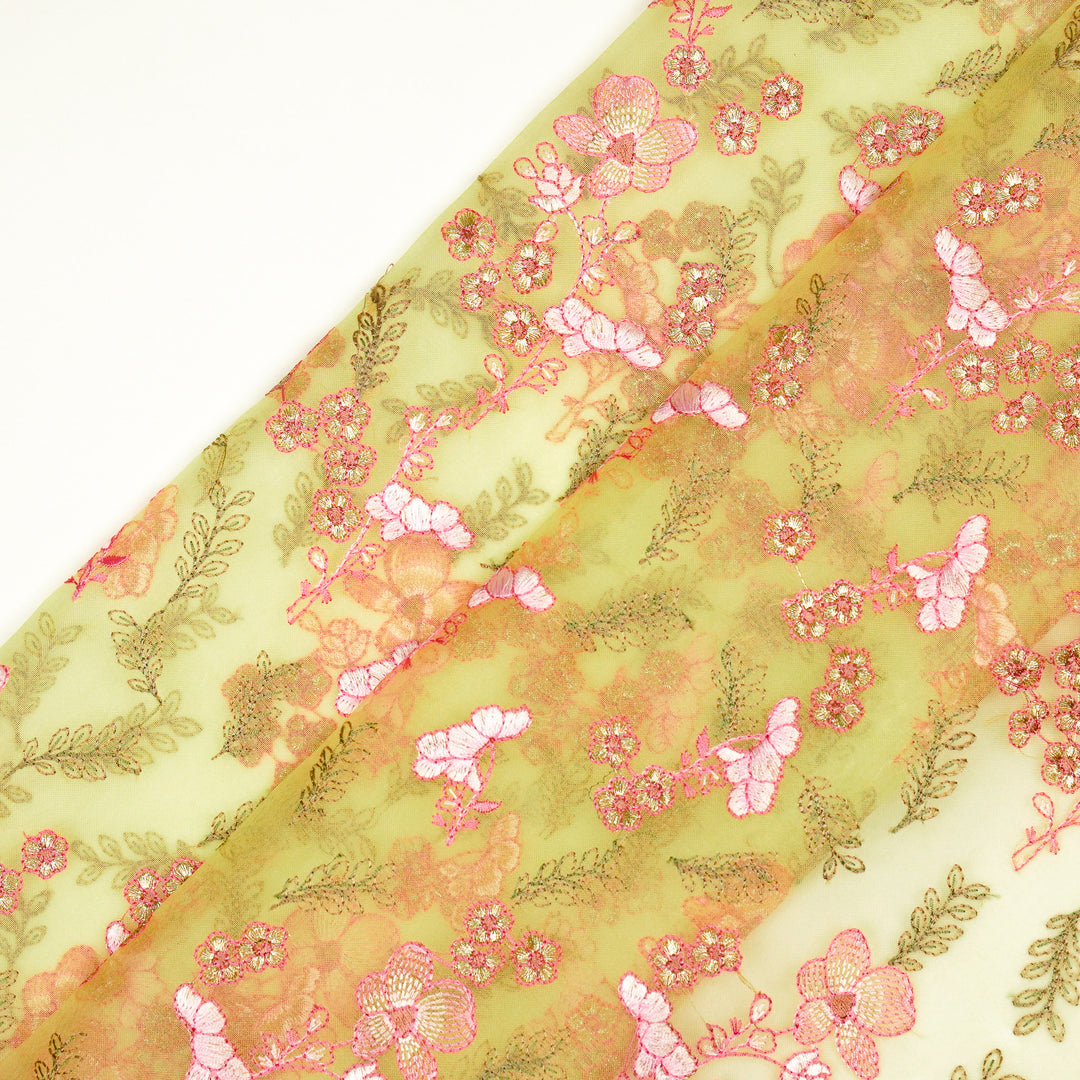 Fiha Jaal on Lemon Silk Organza Embroidered Fabric