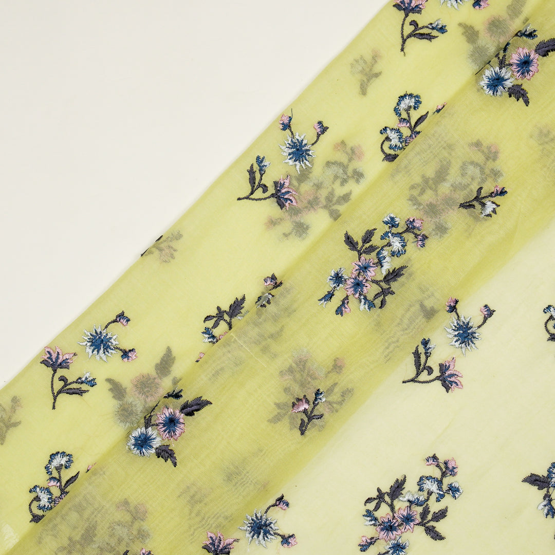 Ayda Buta Buti Mixture on Lemon Cotton Silk Embroidered Fabric