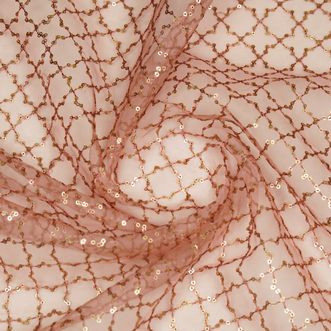 Gehena Sequins Jaal on Light Peach Imported Silk Organza Embroidered Fabric