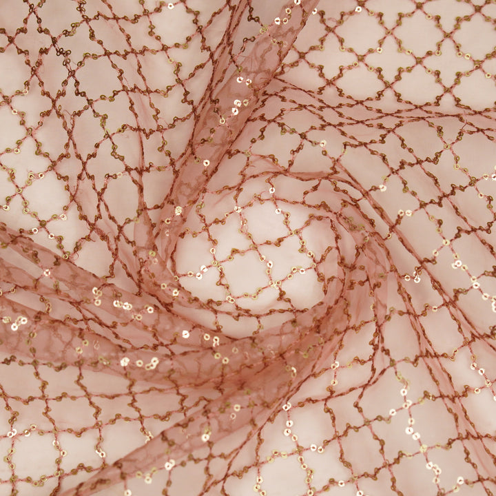 Gehena Sequins Jaal on Light Peach Imported Silk Organza Embroidered Fabric