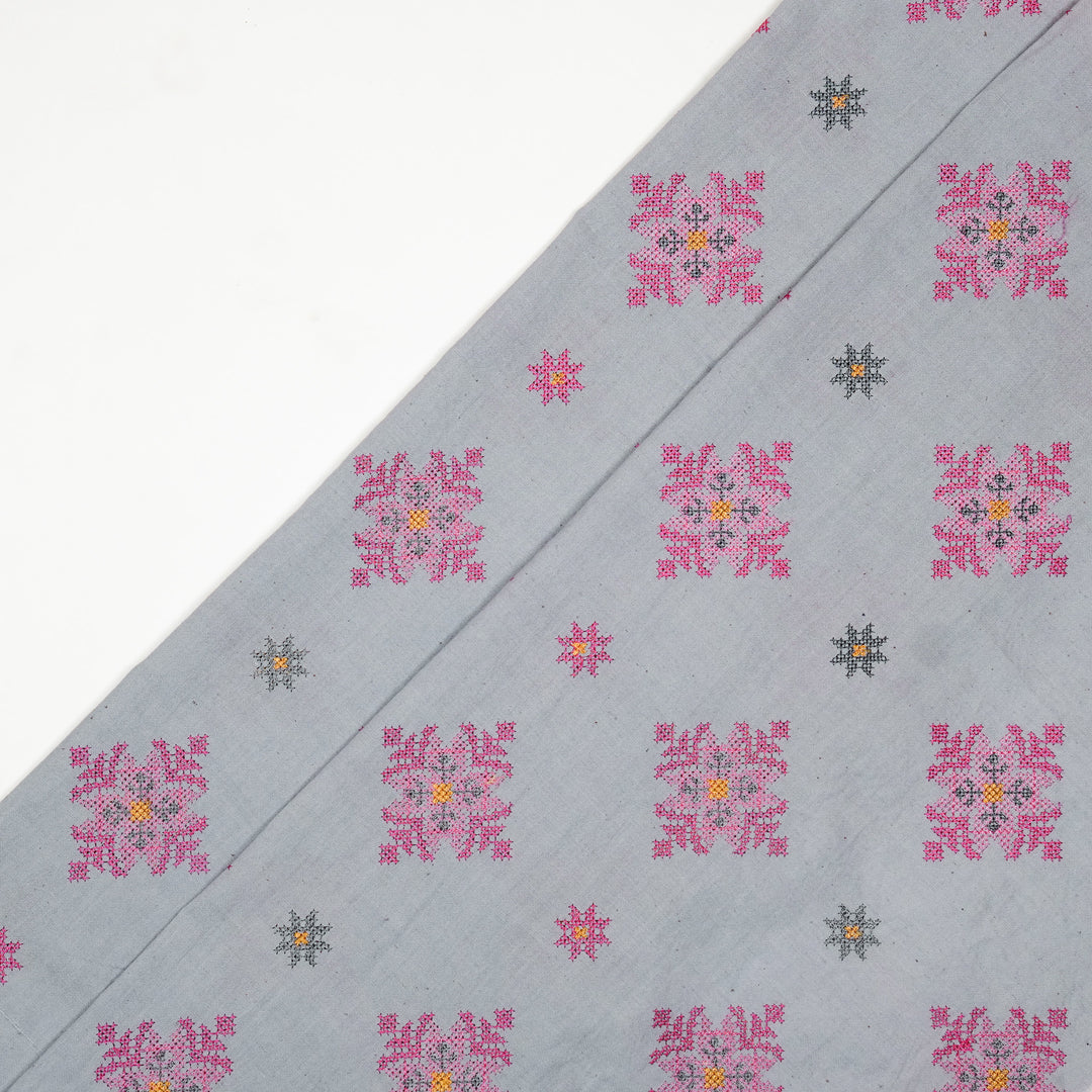 Nilaya Buta Buti Mixture on Light/Mauve Cotton Linen Embroidered Fabric