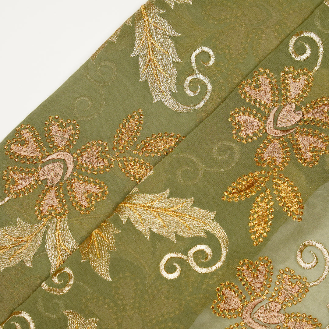 Leila Buta on Olive Green Semi Georgette Embroidered Fabric