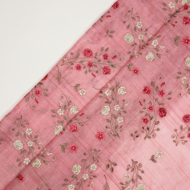 Meenal Jaal On Onion Pink Tussar Silk Embroidered Fabric