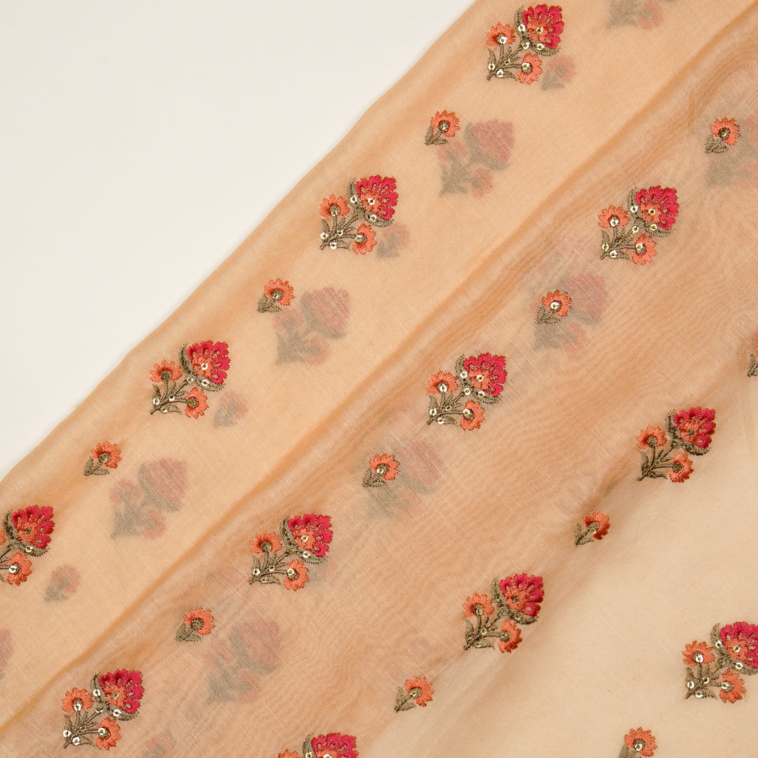 Gulika Buta Buti Mixture on Peach Silk Chanderi Embroidered Fabric