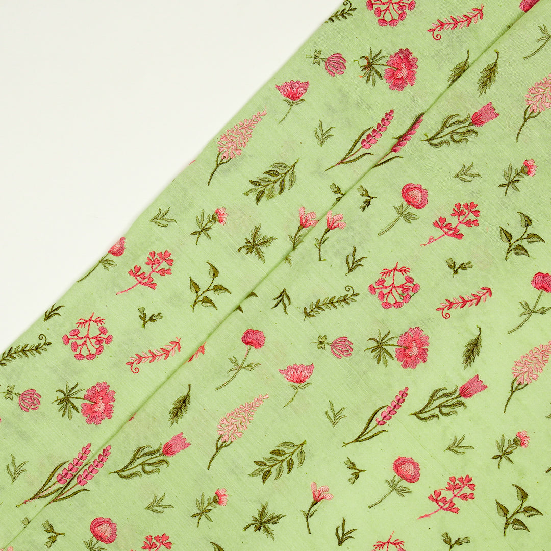 Grishma Buta Buti Mixture on Pista Cotton Linen Embroidered Fabric