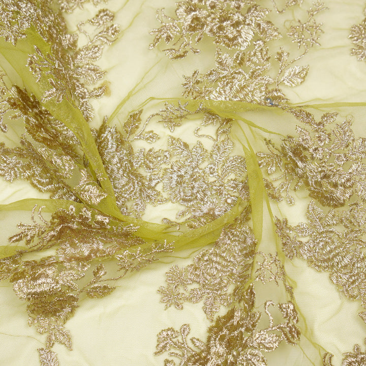 Lime Green Net Rukhsaar Jaal Embroidered Fabric